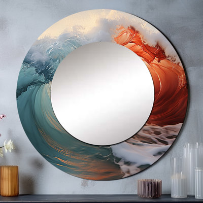Vague verte rouge, merveille colorée - grand miroir de bord de mer, décor de miroir mural rond unique, impression sur métal