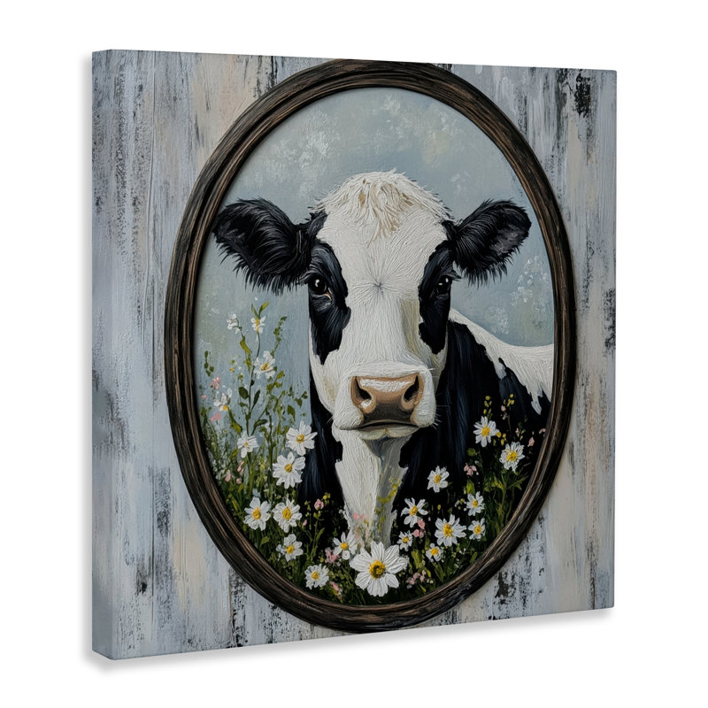 Toile classique avec portrait de vache et de marguerite, design par Petal Prints Design, H 17 po x l 17 po