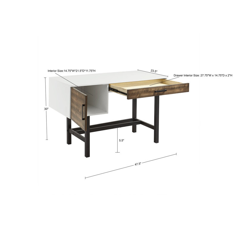 White and Brown Wood Writing Desk with Black Metal Legs and Drawer