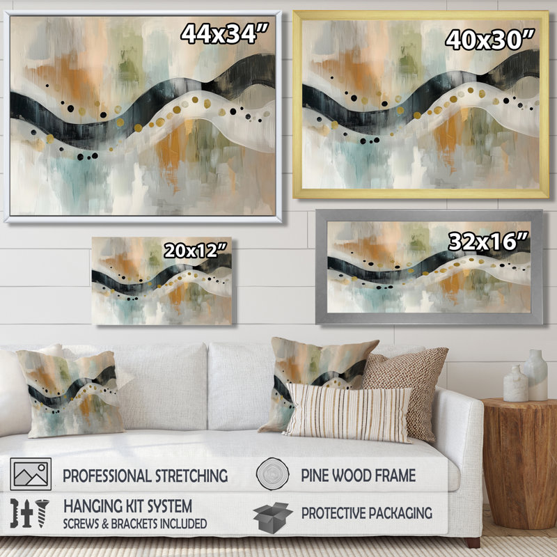 Minimalisme gris et beige encre éruptive II - abstrait grand art mural, H 34 po x l 44 po, Impression encadrée flottante