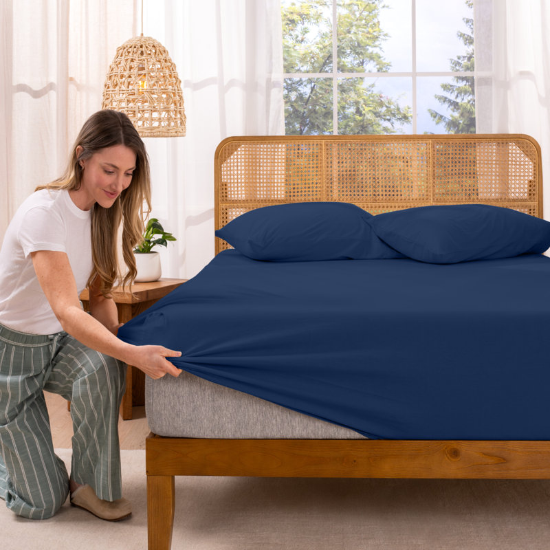 Organic 100% Cotton Jersey Knit Fitted Sheet, Queen Fitted Sheet, Dark Blue