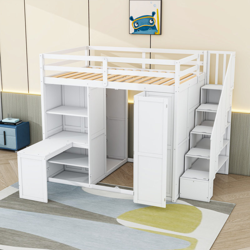 Lit mezzanine double avec bureau et tablettes intégrés, escalier, Blanc