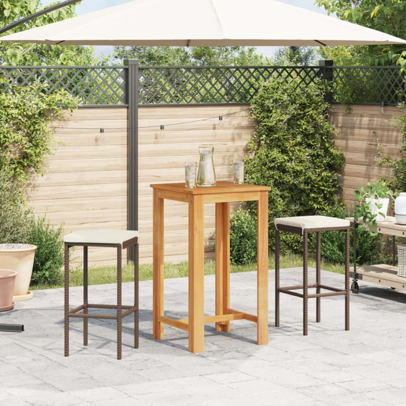 Ensemble de bar de patio 3 pièces Wildon Home® en bois massif d'acacia et de rotin de polyester, Blanc, Brun