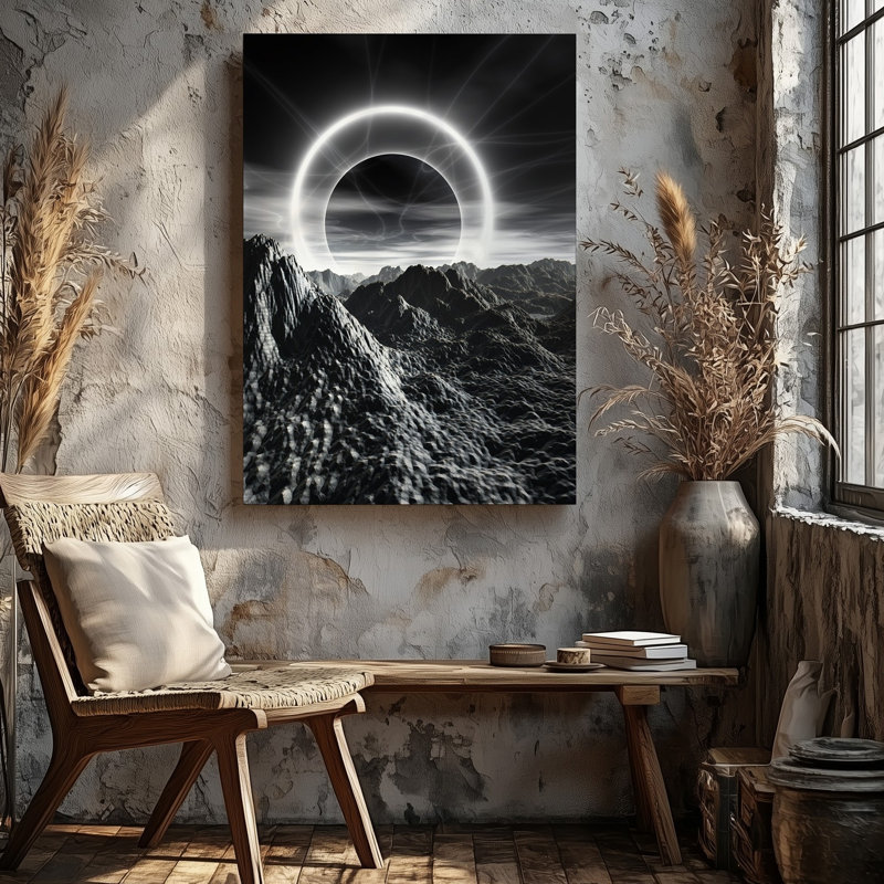 Toile, paysage surréel noir et blanc avec montagnes dentelées avec art mural, textures tourbillonnantes complexes en arrière-plan, art mural
