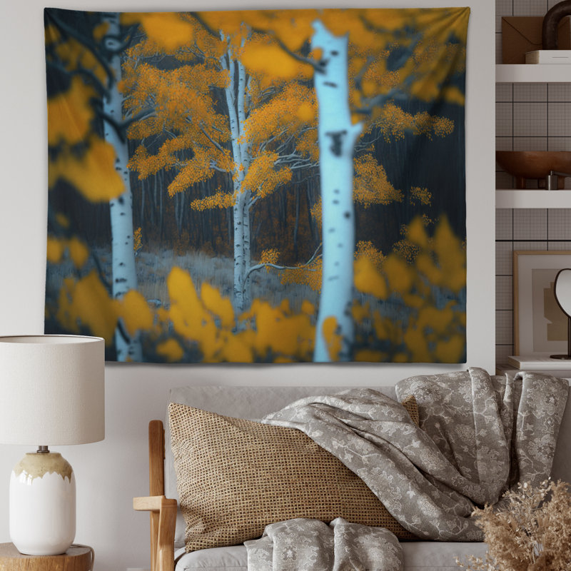 Tapisserie en polyester avec boules à feuilles jaunes dans la forêt II, H 50 po x l 60 po