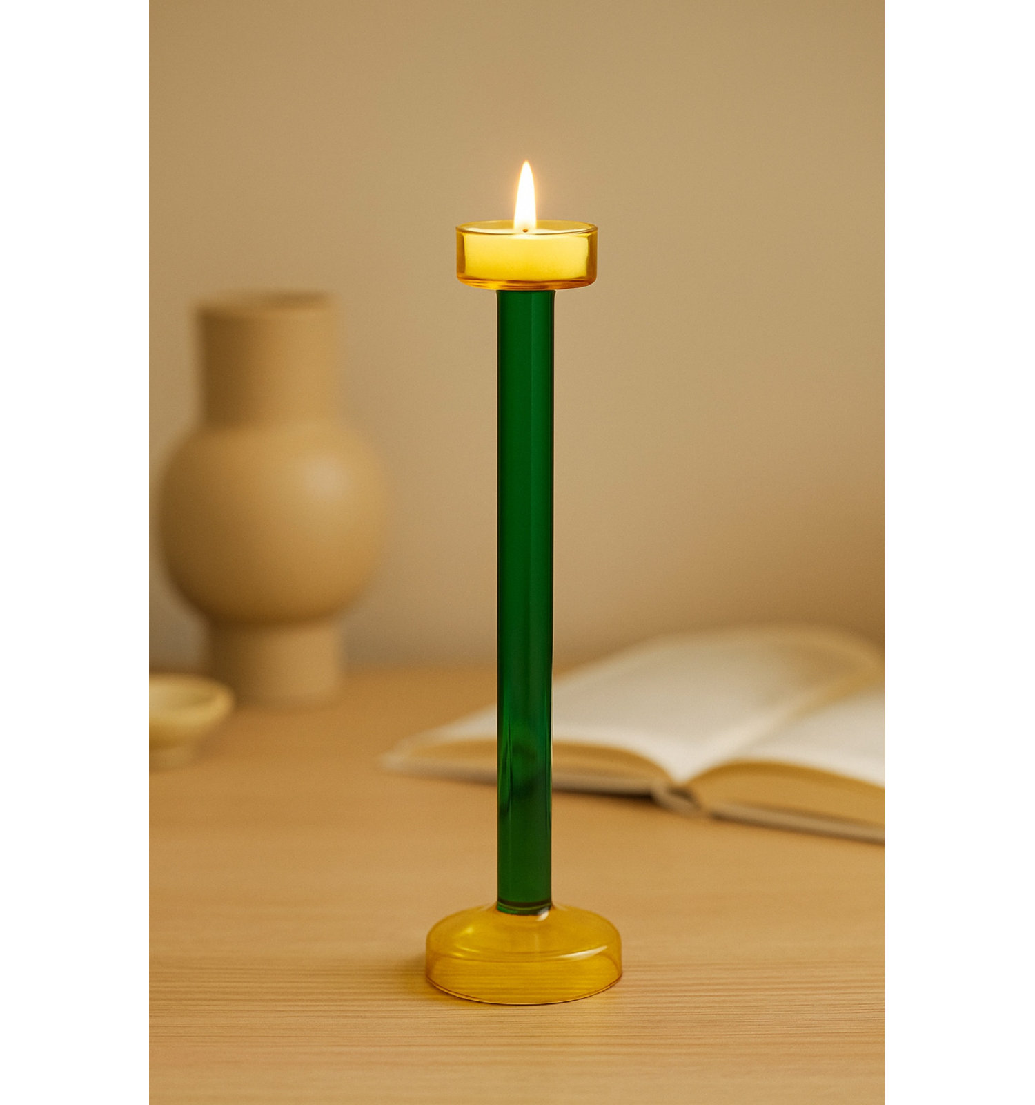 Ahmad Glass Tealight Candle Holder, 13.25"H x 3" W x 3" D, Yellow/Blue