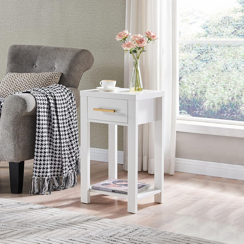 Table de bout rectangulaire en bois d'ingénierie avec tiroir de rangement, tablette et porte-revues - blanc, Blanc