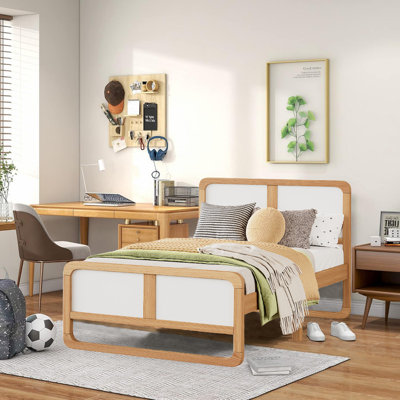 Modern Solid Wood Platform Bed for Kids, Teens, Adults, No Need Box Spring, Walnut and White by Lark Manor