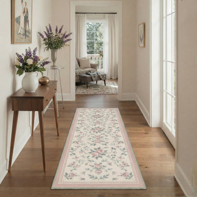 Roselyn Floral Machine Washable Pink / Green / Beige Indoor Area Rug with Non-Slip Backing