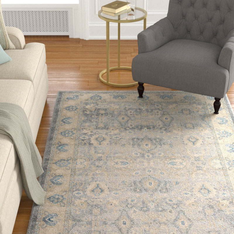 Tapis gris / ivoire / bleu Gwendolyn, Carré 5 pi 1 po - 1