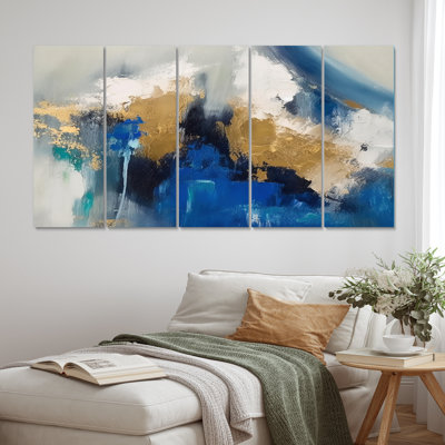 Ethereal sachant bleu royal et or - art abstrait mural salon - 5 panneaux égaux