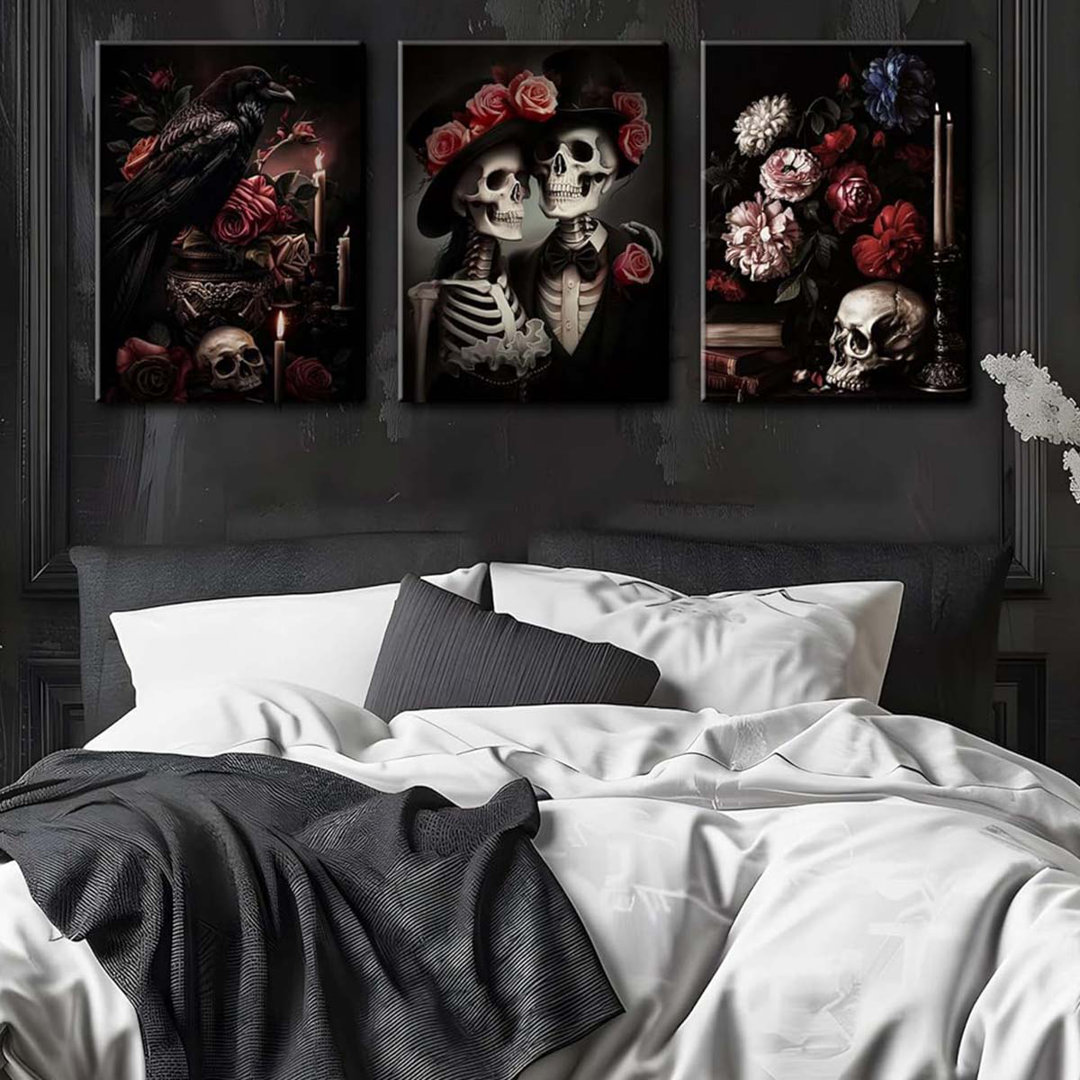 Wall Art Set Of 3, Rose Skull Wall Decor Paintings, Dark Romantic Crow Goth Halloween Aesthetic.