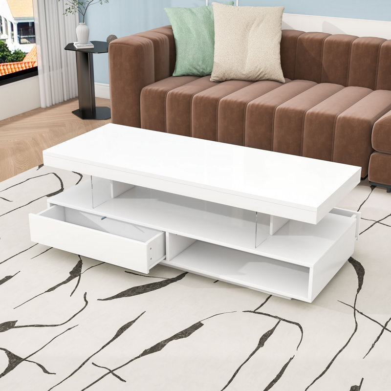 Table basse moderne à DEL avec 2 tiroirs et tablettes, White