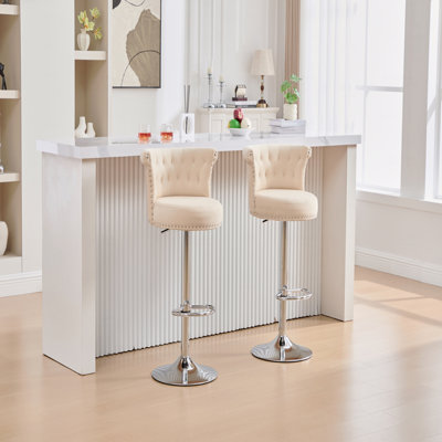 Ensemble de 2 tabourets de bar réglables en velours, pieds en métal plaqué argent, têtes de clou chromées, chaise d'appoint de base à hauteur de comptoir