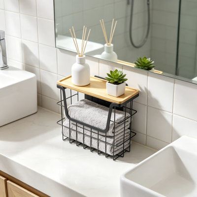 Magnetic Dryer Ball Holder with Bamboo Top, Black Metal Basket for Laundry Room Organization, Strong Magnetic Lint Bin for Washer, Dryer, Fridge, Whiteboard, Large Capacity Storage for Dryer Balls and Accessories