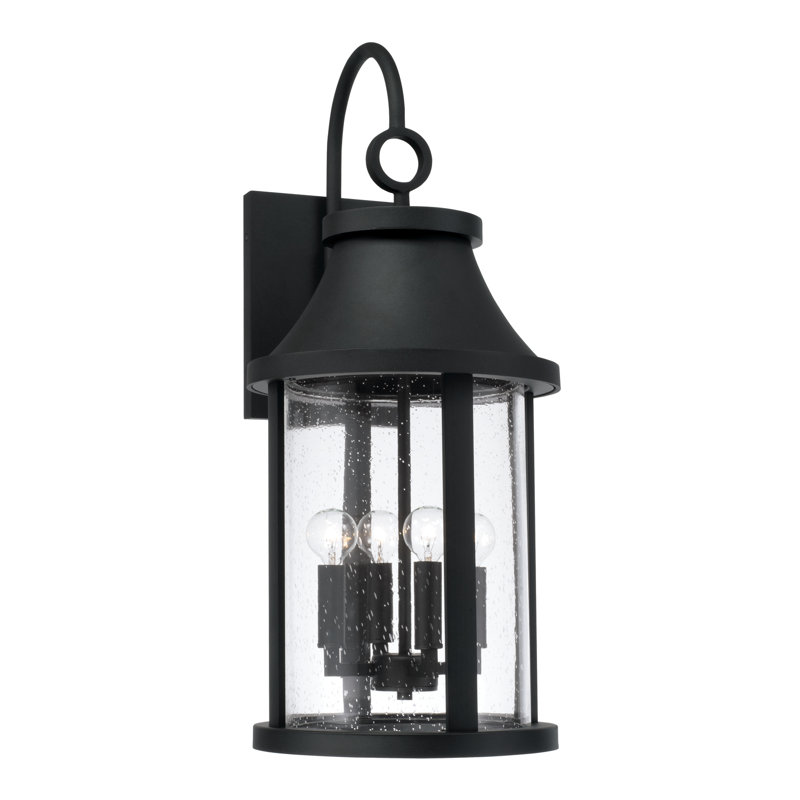 3-Light Outdoor Cylindrical Wall Lantern in Black with Seeded Glass, 28" H x 11.5" W x 15.25" D