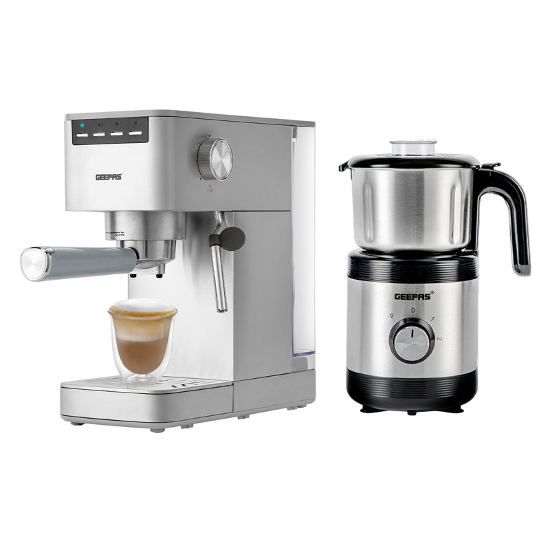 Geepas 1450W Espresso & Cappuccino Coffee Machine & 450W Coffee Grinder Combo Set - Milk Frother, Wet & Dry Coffee Grinder