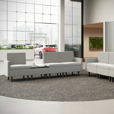 Safco Movvi Commercial Grade Modular 3 Seater Lounge Seating With Center Table – Gray Upholstered Chairs,  Black Legs