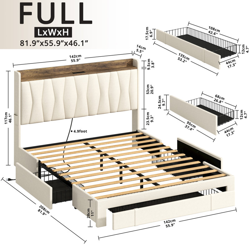 Gray Full Upholstered Linen Bed Frame with Storage Drawers
