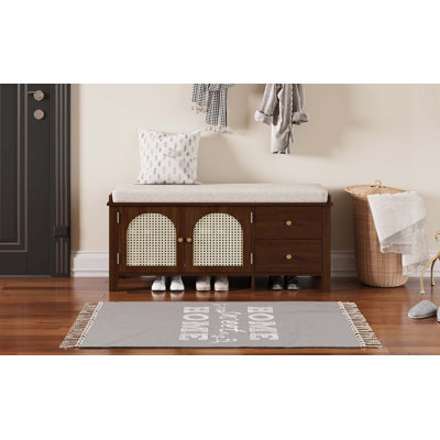 Banc à chaussures rétro avec coussin, 2 tiroirs et 2 portes en rotin