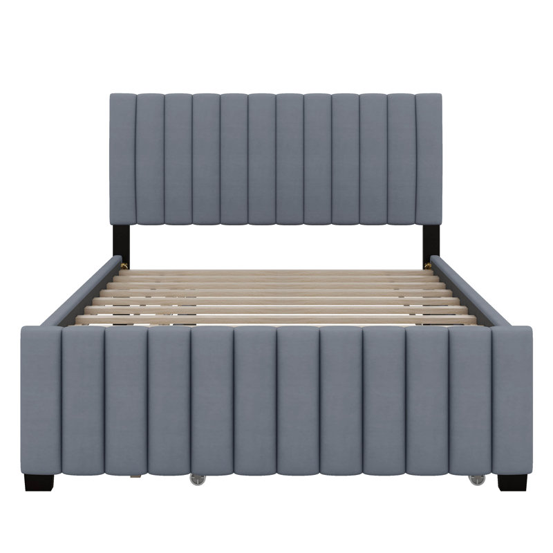 Lit plateforme double, structure de lit tapissier en bois avec lit gigogne simple et tête de lit capitonnée verticale, gris