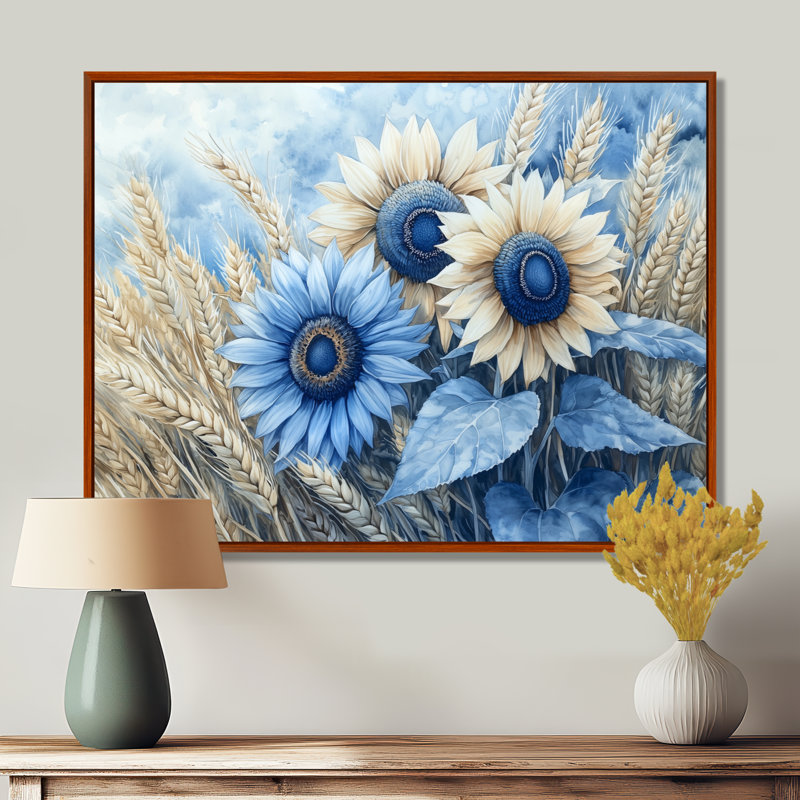 Art mural de tournesols Donasia, H 30 po x l 40 po, Brun, Impression encadrée flottante