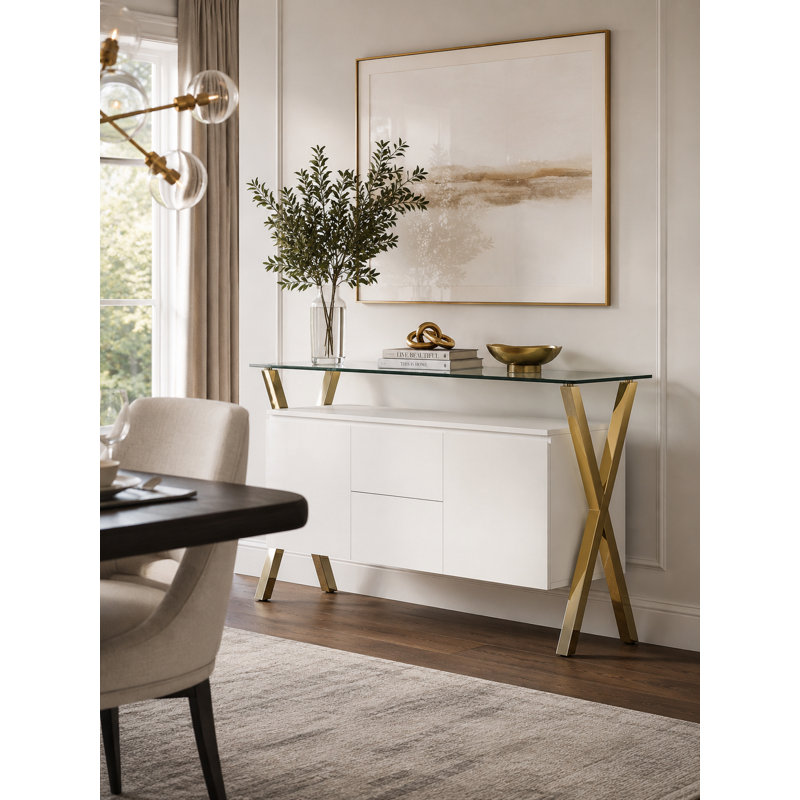     Pangea Home Beverly Modern Buffet Sideboard – Contemporary 2-Door, 2-Drawer Storage Cabinet with White High Gloss Lacquer and Gold Legs – Dining Room, Living Room, or Entryway Credenza