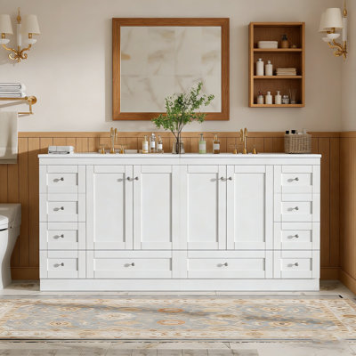 Meuble-lavabo autoportant de 72 po avec lavabo en céramique, tiroirs et portes à fermeture en douceur, design minimaliste moderne, grand espace de rangement
