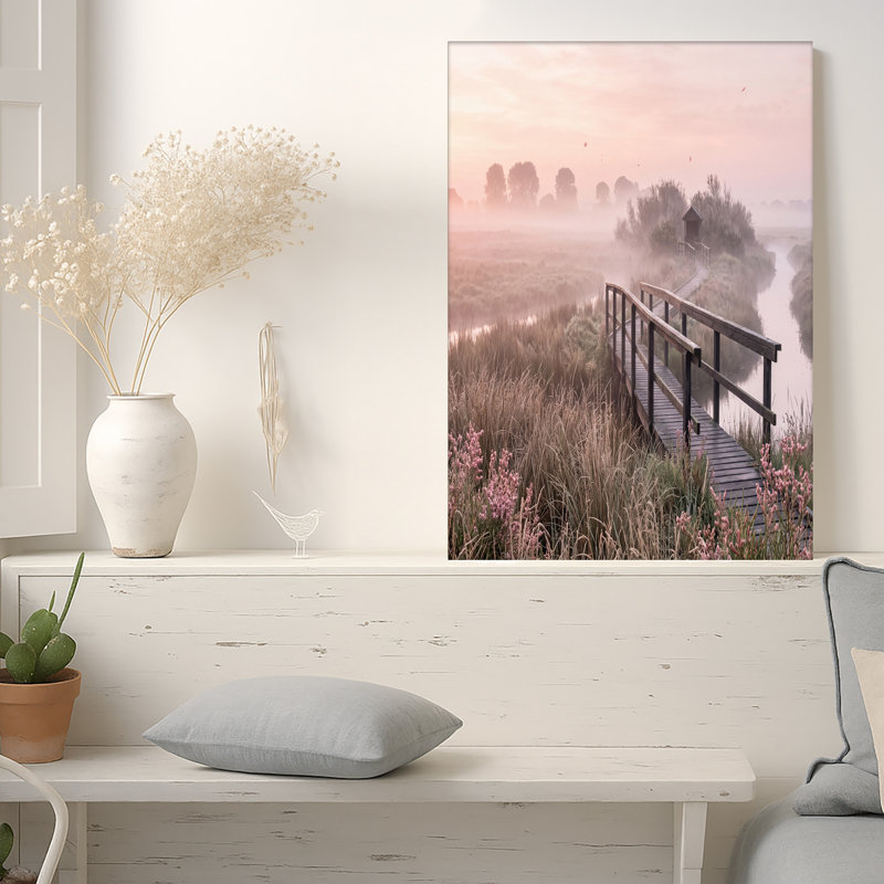 «Winding Wooden Boardwalk travers Misty Marsh» avec toile rose ciel, H 16 po x l 24 po