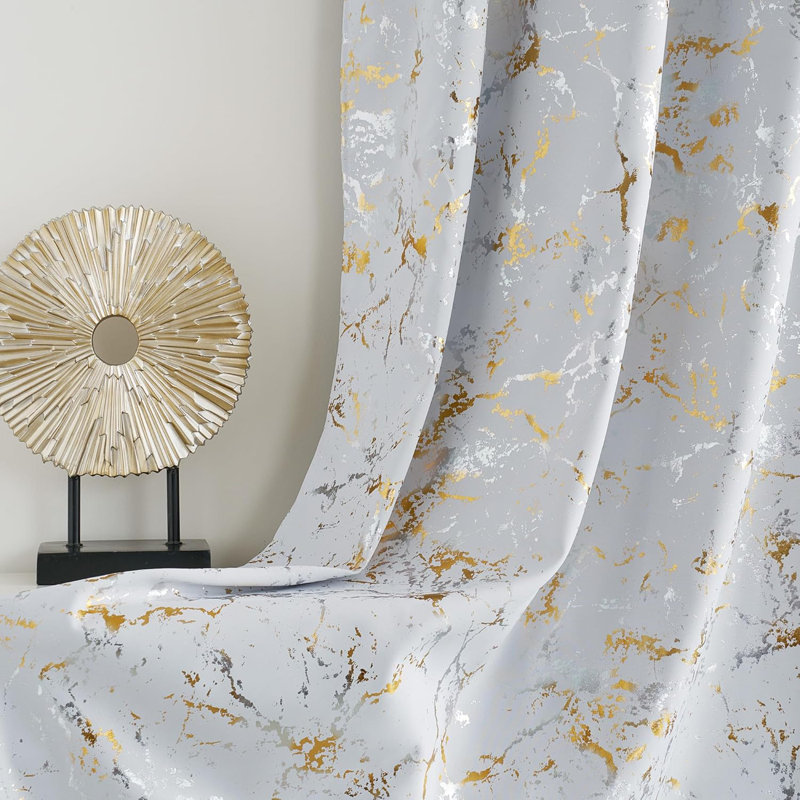100% Blackout Curtains, Grommet Pattern Gold Foil Printed Window Treatments Room Darkening Drapes for Bedroom, 2 Panels