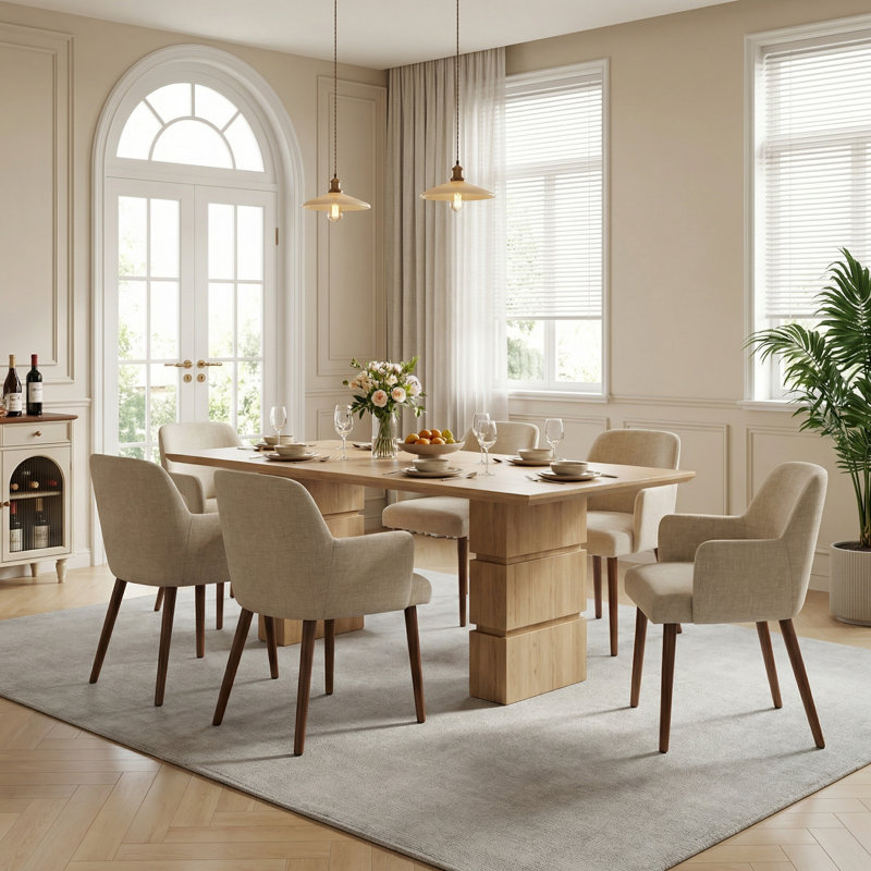 Upholstered Solid Wood Dining Chair Side Chair With Armrests, Camel