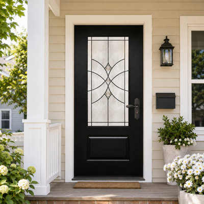 36" x 80" Contemporary Fiberglass Front Entry Door with Decorative Glass, 4-9/16" White PVC Frame and Brickmould, Knock-Down, Left-Hand Inswing, Black