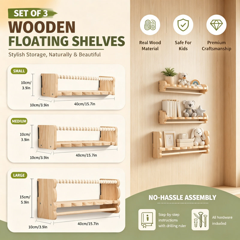 Set of 3 40cm Wooden Nursery Floating Book Shelves, Wall Mounted Kids Display Storage Shelving with Hanging Rail, Toy & Book Organiser for Children’s Bedroom Baby Nursery Wall Décor