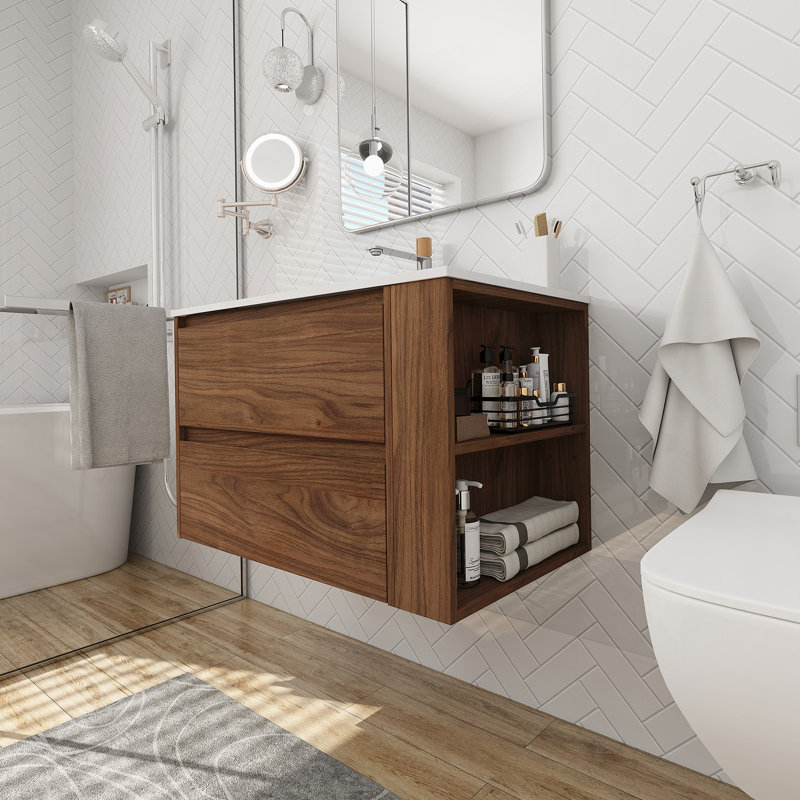 Meuble-lavabo mural avec lavabo en gel, Brun
