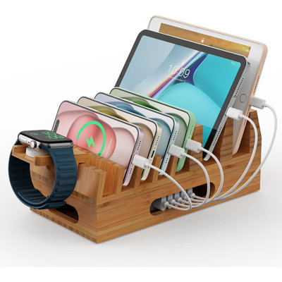 Bamboo Charging Station with 5 Cables, Wood Desktop Docking with Watch Holder for Phone, Tablet & Watch – Charge 7 Devices at Once, 5 Cables Included (No Adapter), Natural