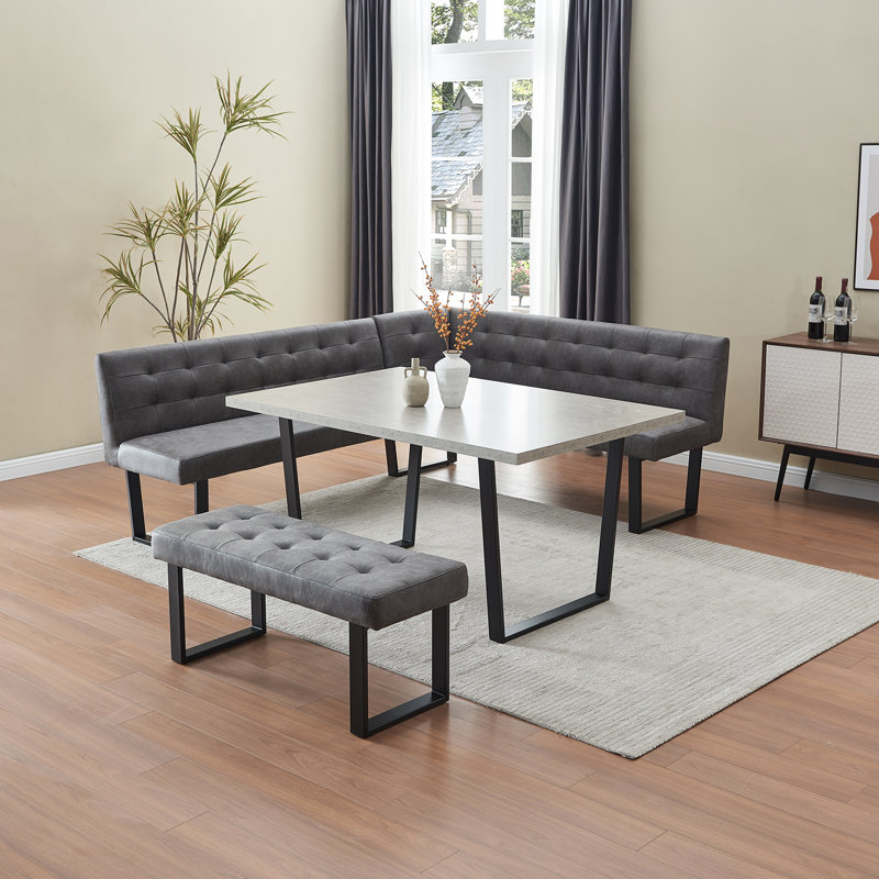 Modern Grey 3-Piece Breakfast Nook Set, Dining Table with Metal Legs，L-Shaped PU Corner Bench & Upholstered Bench