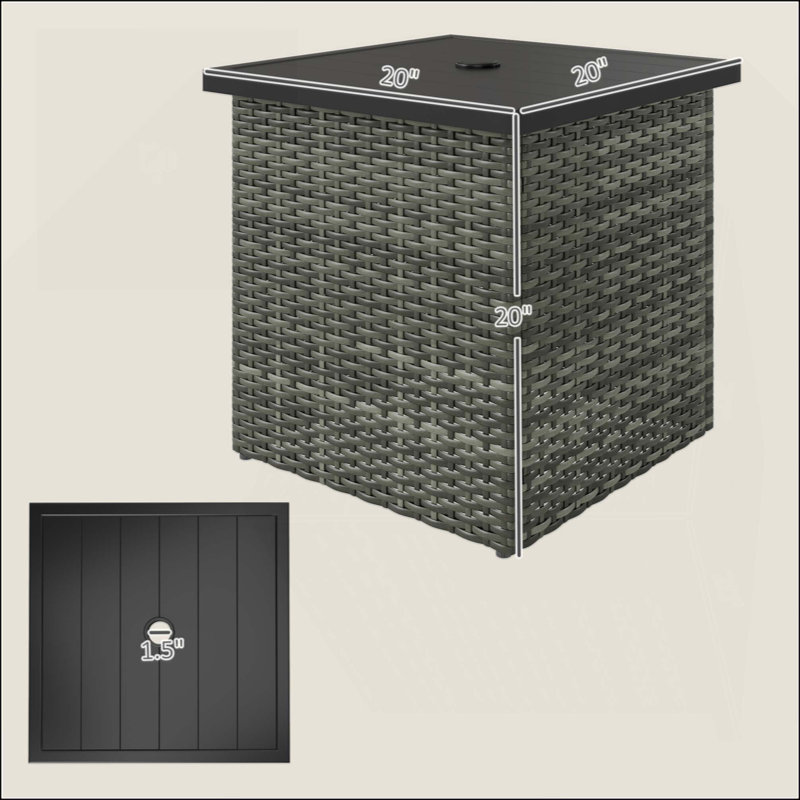 Table de bout carrée pour l'extérieur, table d'appoint en osier avec trou pour parasol, Gris