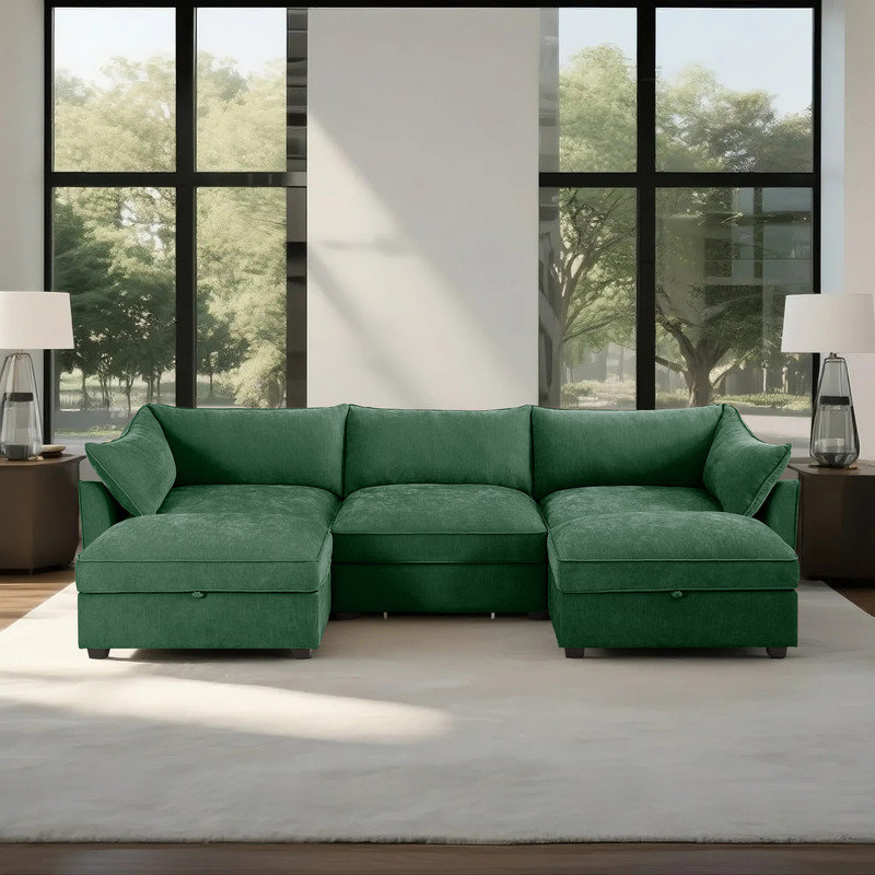 Canapé modulaire en U avec beaucoup de rangement et repose-pieds, Chenille verte