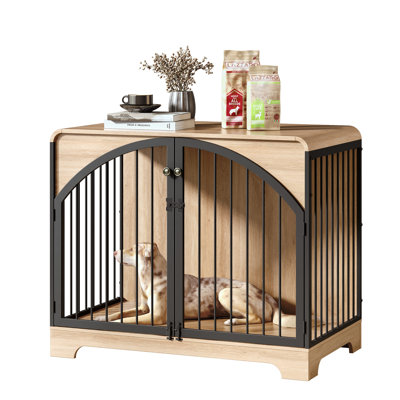 Meuble de 40 po avec cage pour chien de ferme, table de bout intérieure en bois pour chenil pour chiens de grande / moyenne taille, maisonnette décorative avec barres en métal arquées, chêne