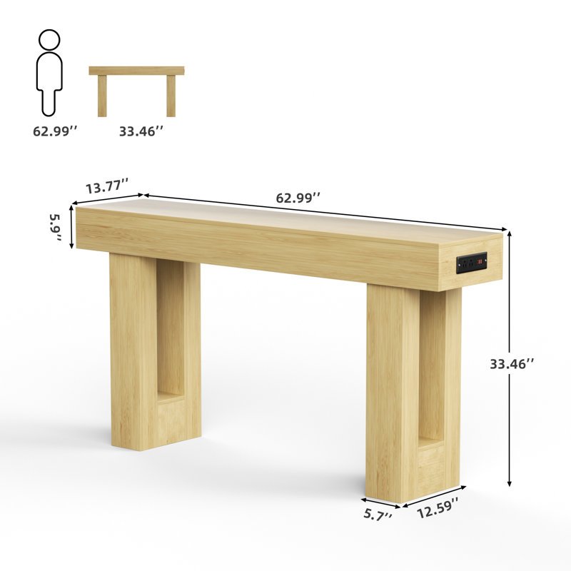 63-Inch Console Table With Charging Station, Natural Wood