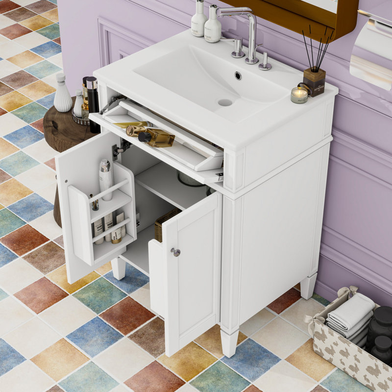 Meuble-lavabo de salle de bain avec lavabo en céramique, tiroir coulissant et portes à fermeture en douceur, Blanc