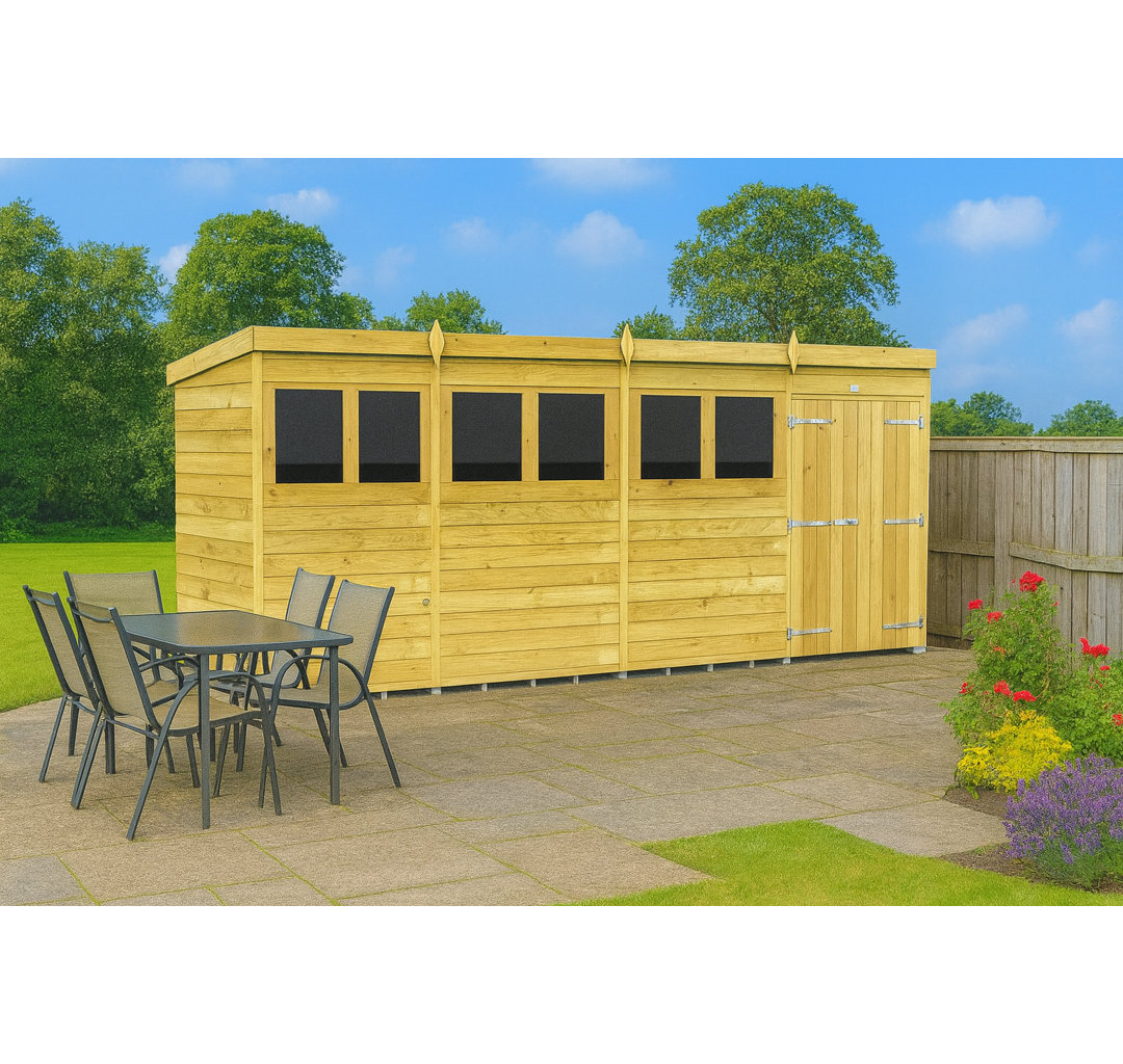 16ft x 4ft Pent Shed - Double Door with Windows