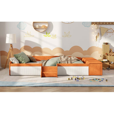Velvet Upholstered Daybed with Stairs & Gas Lift Storage Ottoman, Contrast Color, Padded Guardrails