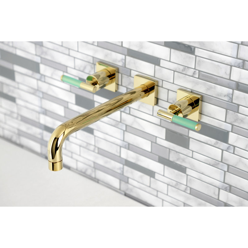 Kingston Brass Manhattan Two-Handle 3-Hole Wall Mount Roman Tub Faucet, Polished Brass, Lever Wrap