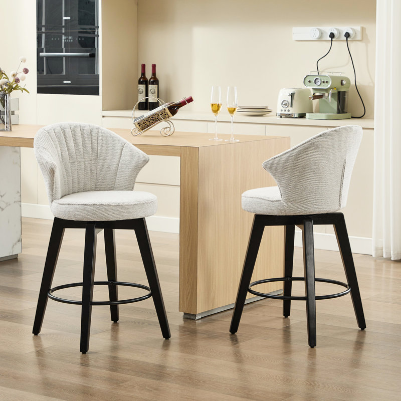Tabouret de bar pivotant à hauteur de comptoir blanc de 25 po avec 2 pieds en bois massif, revêtement en chenille, pieds de nivellement pour la cuisine, le pub, les tabourets de décoration de salle à manger, blanc, avec îlot de cuisine, Home Graceful