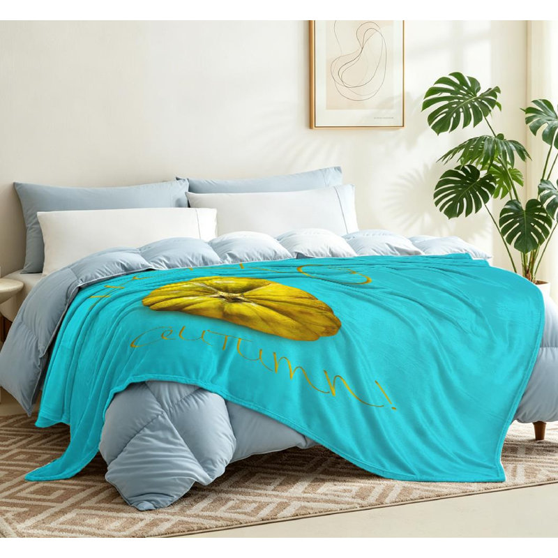 Jeté en flanelle orange molletonné ultra doux, citrouille sur fond bleu avec imprimé recto, Jeté 50 po x 60 po