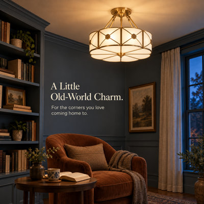17.3" 4-Light Gold Semi-Flush Mount Chandelier with Glass Shade, E26 Ceiling Light
