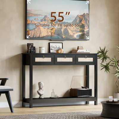 47.3" Rattan Console Table With 3 Drawers