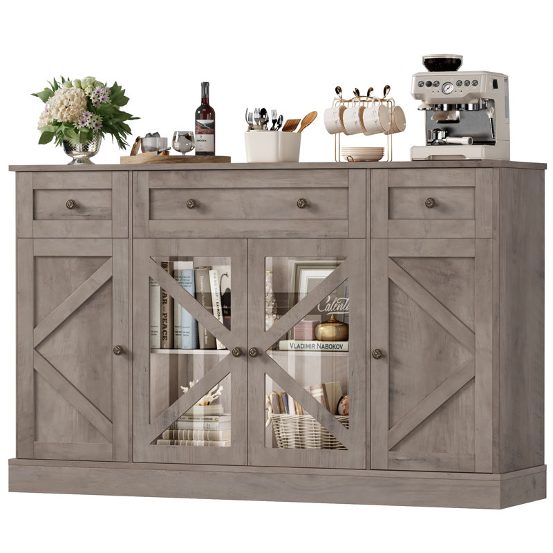 Lovern 55.1'' W 4-Door Sideboard with 3 Drawers, Interchangeable Doors, Close-Out Sales, Wash Gray