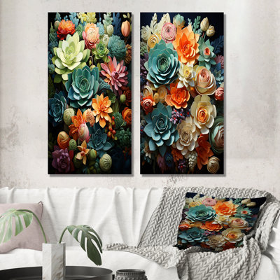 " Green Balck Succulent Serenity " 2 Piece Art Set